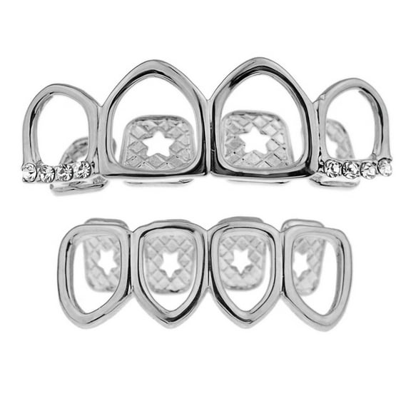 Grillz Set Four Open Face Upper Top And 4 Bottom Lower Teeth Silver Tone Hollow Hip Hop Grills