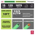 thumbnail image 2 of Thonapa 12 Gauge Extension Cord 10 ft for Outdoor - 12/3 Heavy Duty Extension Cord 10 Foot 3 Prong Grounded Plug 15 Amp, Neon Green High Visibility Electric Cable Great for Major Appliances, 2 of 5