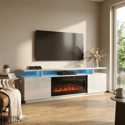 Eva-KBL Fireplace TV Stand for TVs up to 80, Modern High Gloss 71 Entertainment Center, Electric Fireplace TV Media Console with Storage Cabinets and LED Lights