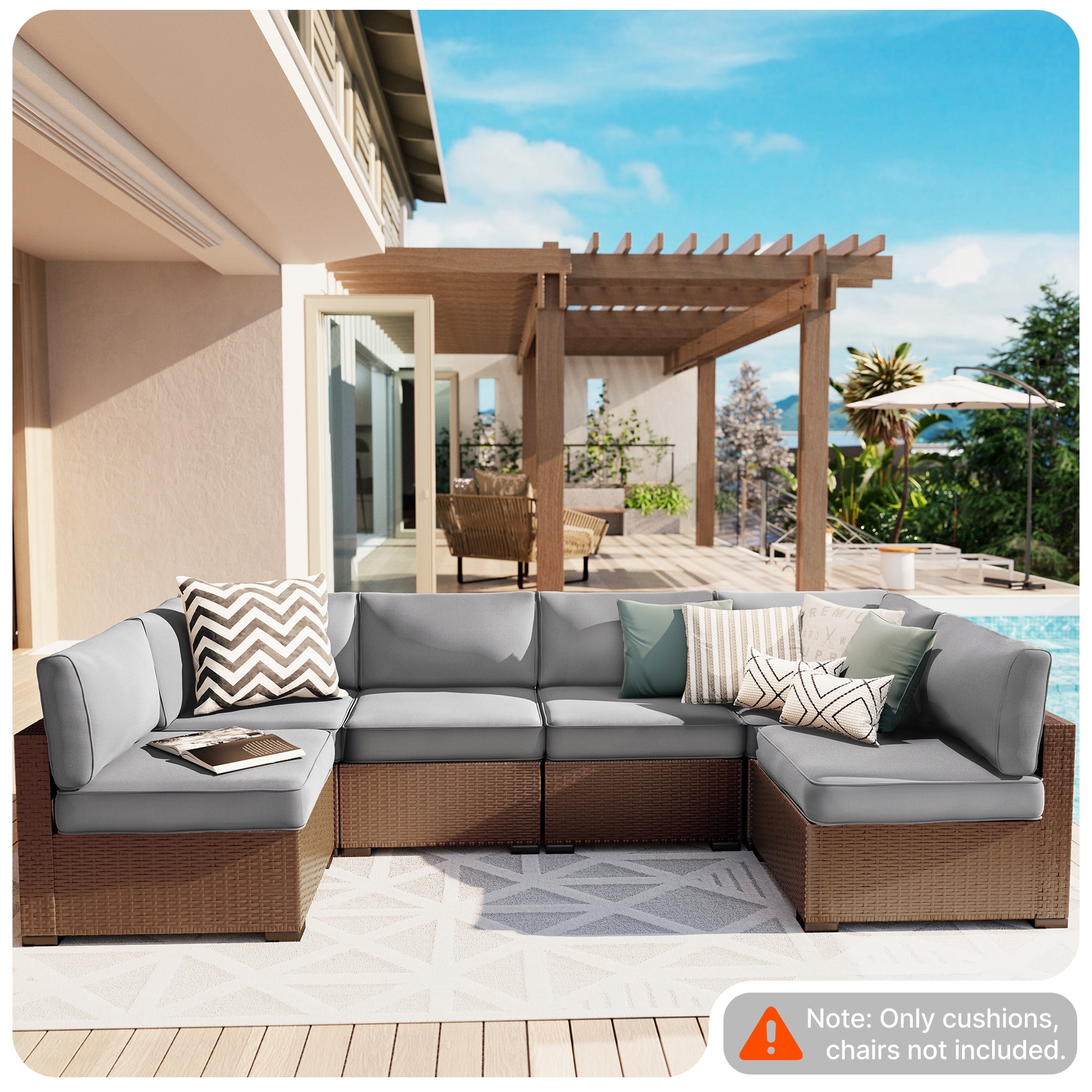 SUNCOZE 14-Piece Outdoor Patio Cushions Set for 6-Seat Sectional Sofa, 25.6" x 25.6" Replacement Couch Cushions, 4-Inch Thick Anti-Slip Garden Furniture Cushions, Grey