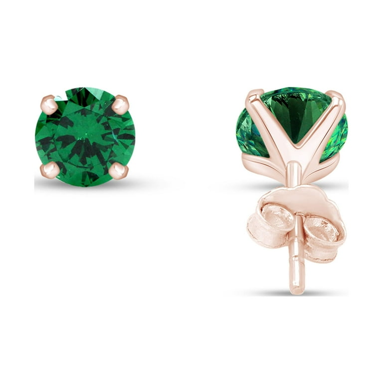 AFFY 7mm Round Cut Simulated Emerald Stud Earrings in 14k Rose