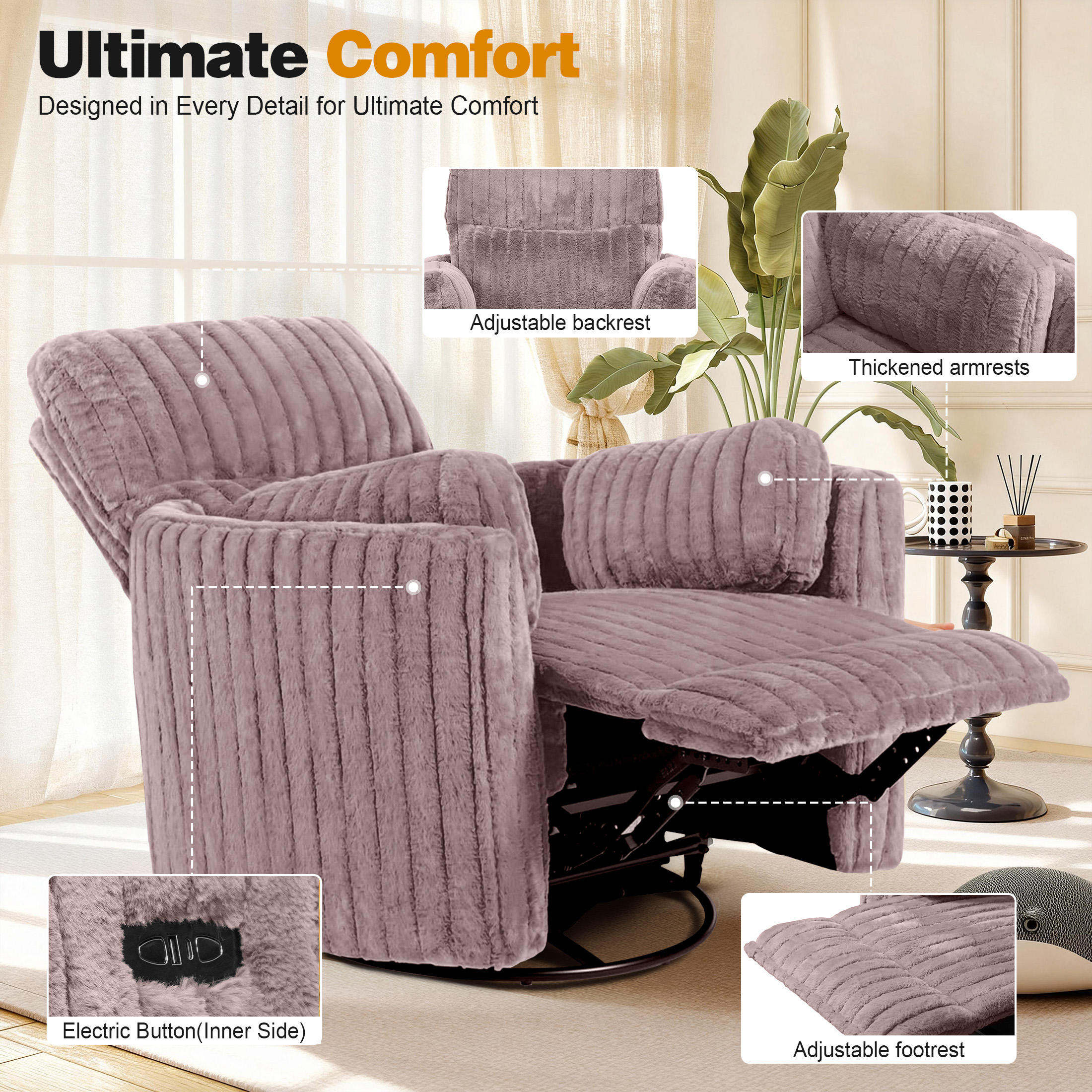 Aukfa Swivel Rocking Glider Power Recliner Chair with 24" Wide Seat & Type-C & USB Ports, Taupe