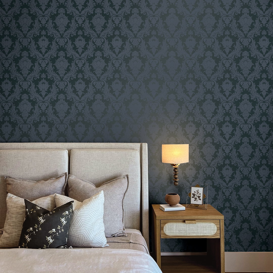 Tempaper Textured Damask Black Peel and Stick Damask Wallpaper, 20.5" x 16.5'