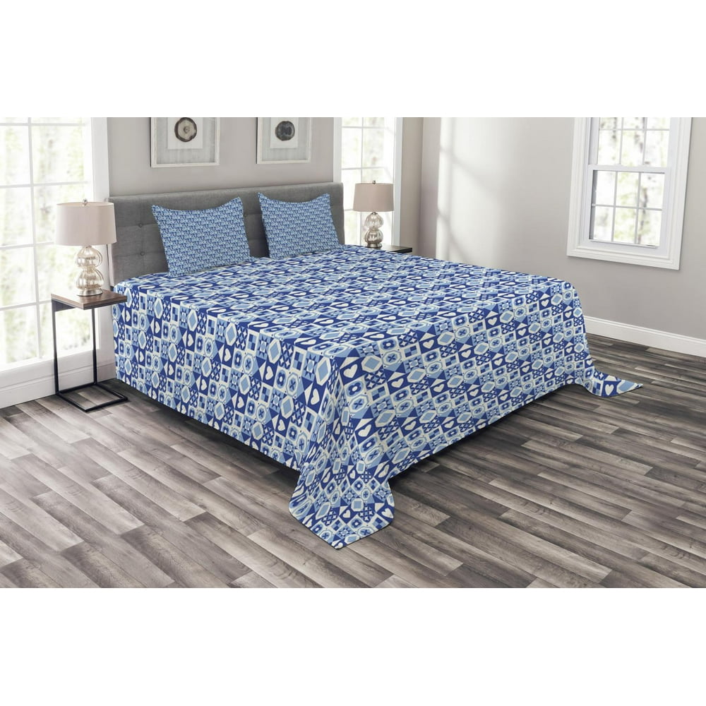 Navy Blue Bedspread Set Queen Size, Abstract Grid Style Squares with