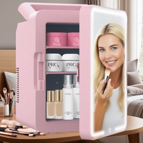 ADVWIN 12L Portable Skincare Fridge with LED Light Mirror, Cooler & Warmer Mini Refrigerator for Bedroom, Office, Dorm, Pink