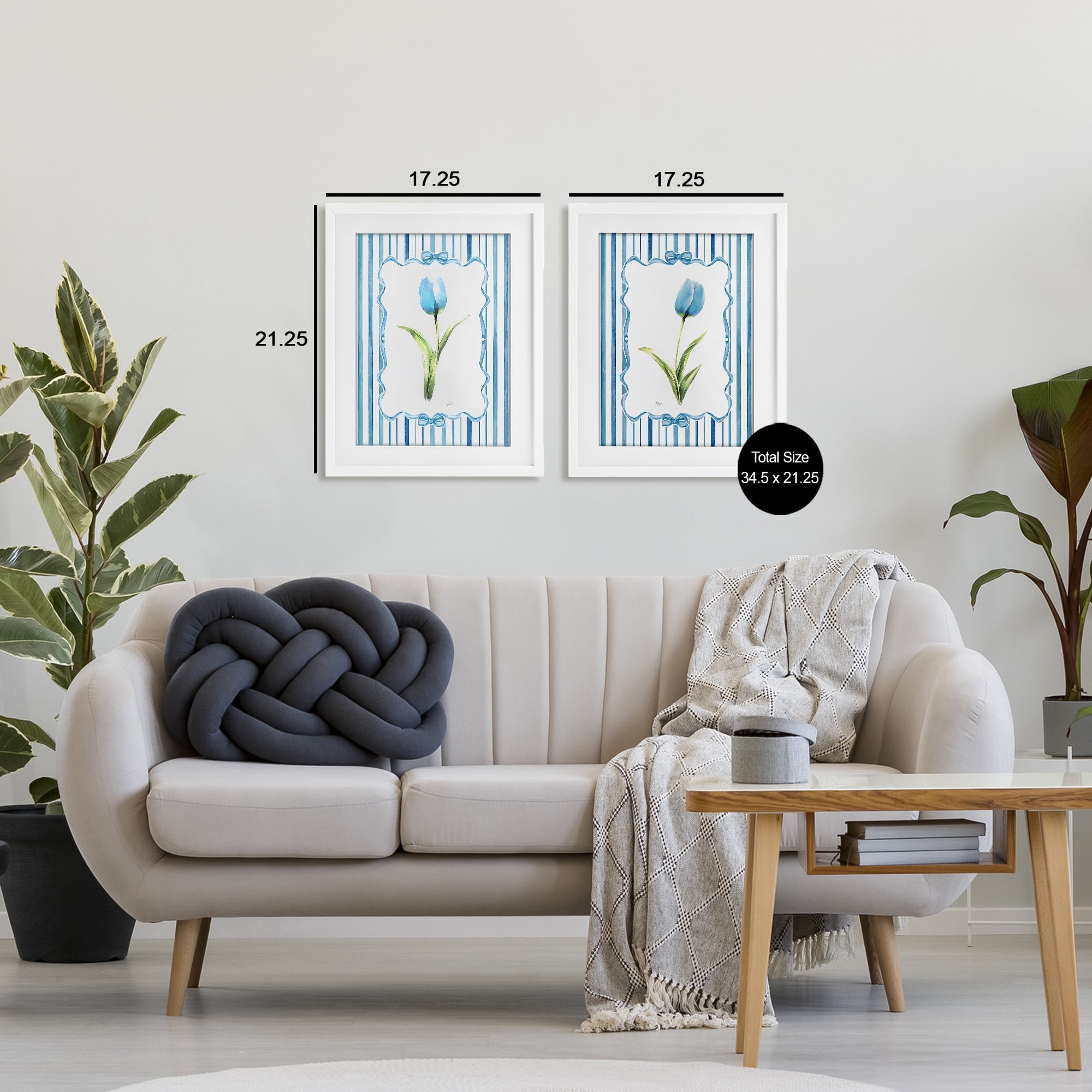 Stupell Industries Blue Tulips with Feminine Ribbon 2 Piece White Framed Print Under Glass Set, design by Nan