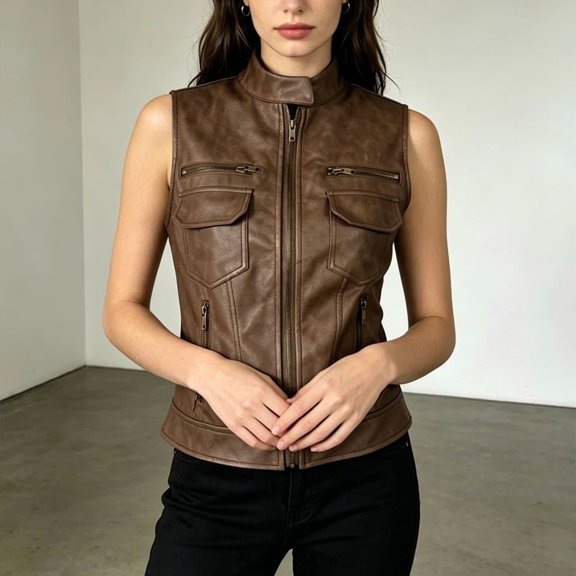 Morttic Women's Retro Solid Color Faux Leather Zip Up Vest – Stand Collar Sleeveless Jacket with Pockets Short Outerwear Brown,S
