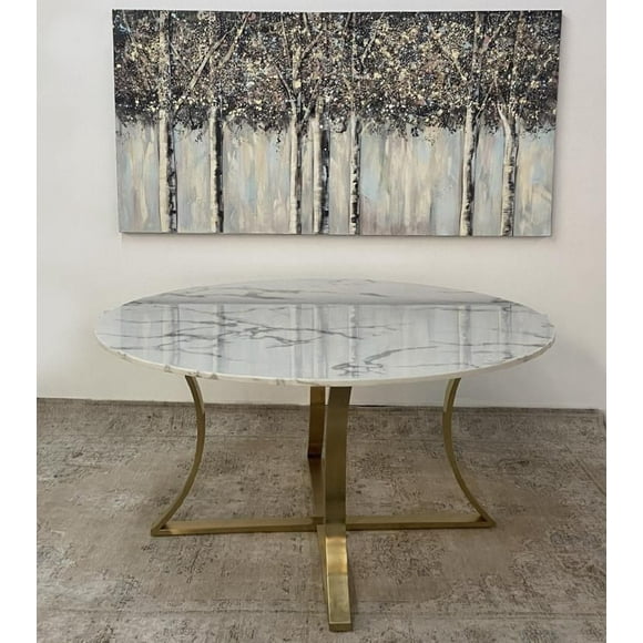 Florian Dining Table in Gold, Round Dining Table, Faux White Marble Dining Table, Gold Stainless Steel Dining Table, Dining Room Table, Kitchen Dining Table with Gold Base