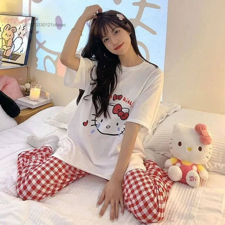 Sanrio Hello Kitty Cartoon Print Women Pajamas Sets Summer Home Female  Sleepwear Suit Y2k Sweet Fashion Dormitory Two Piece Sets