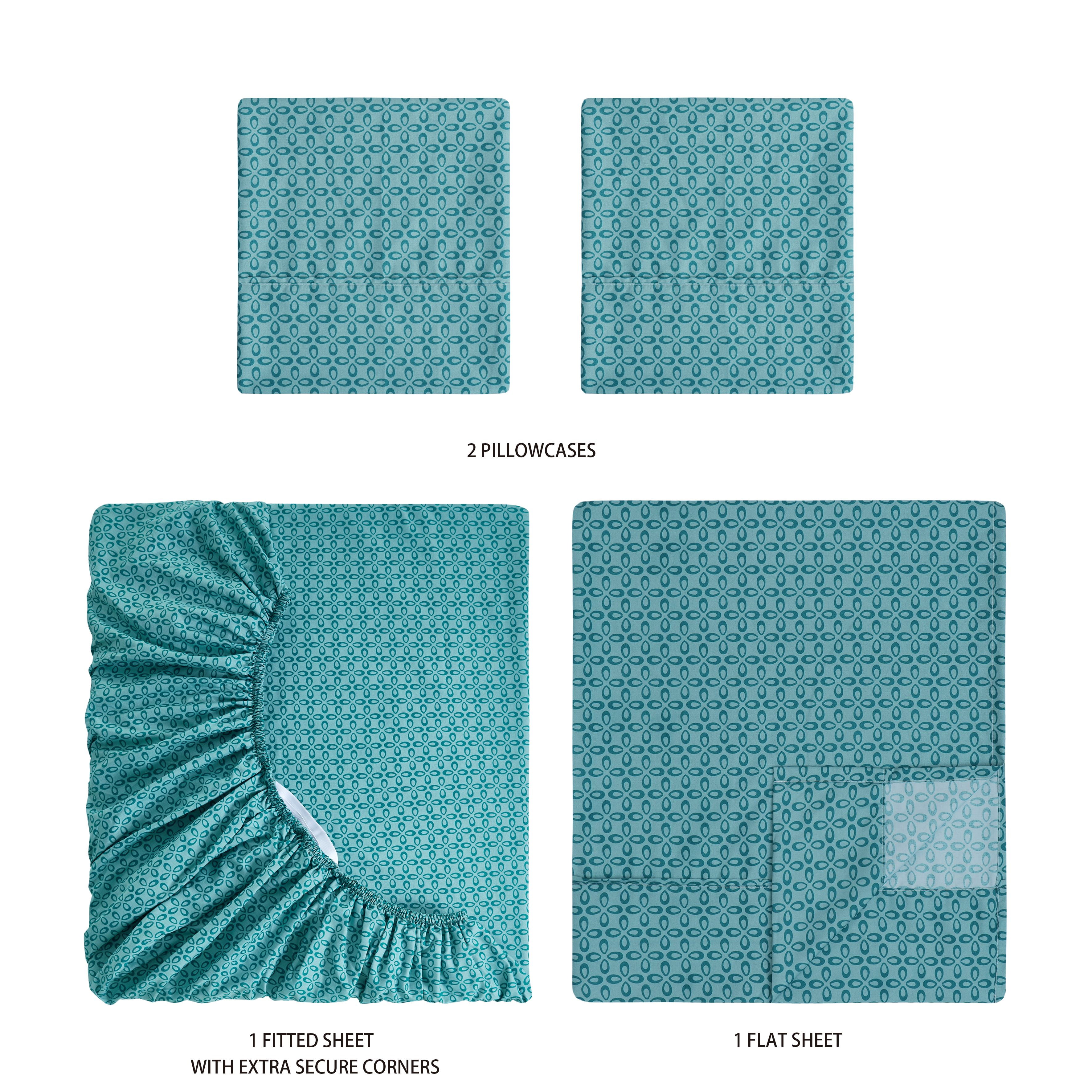 Mainstays Super Soft Brushed Microfiber Bed Sheet Set, Teal Medallion, Queen, 4 Piece