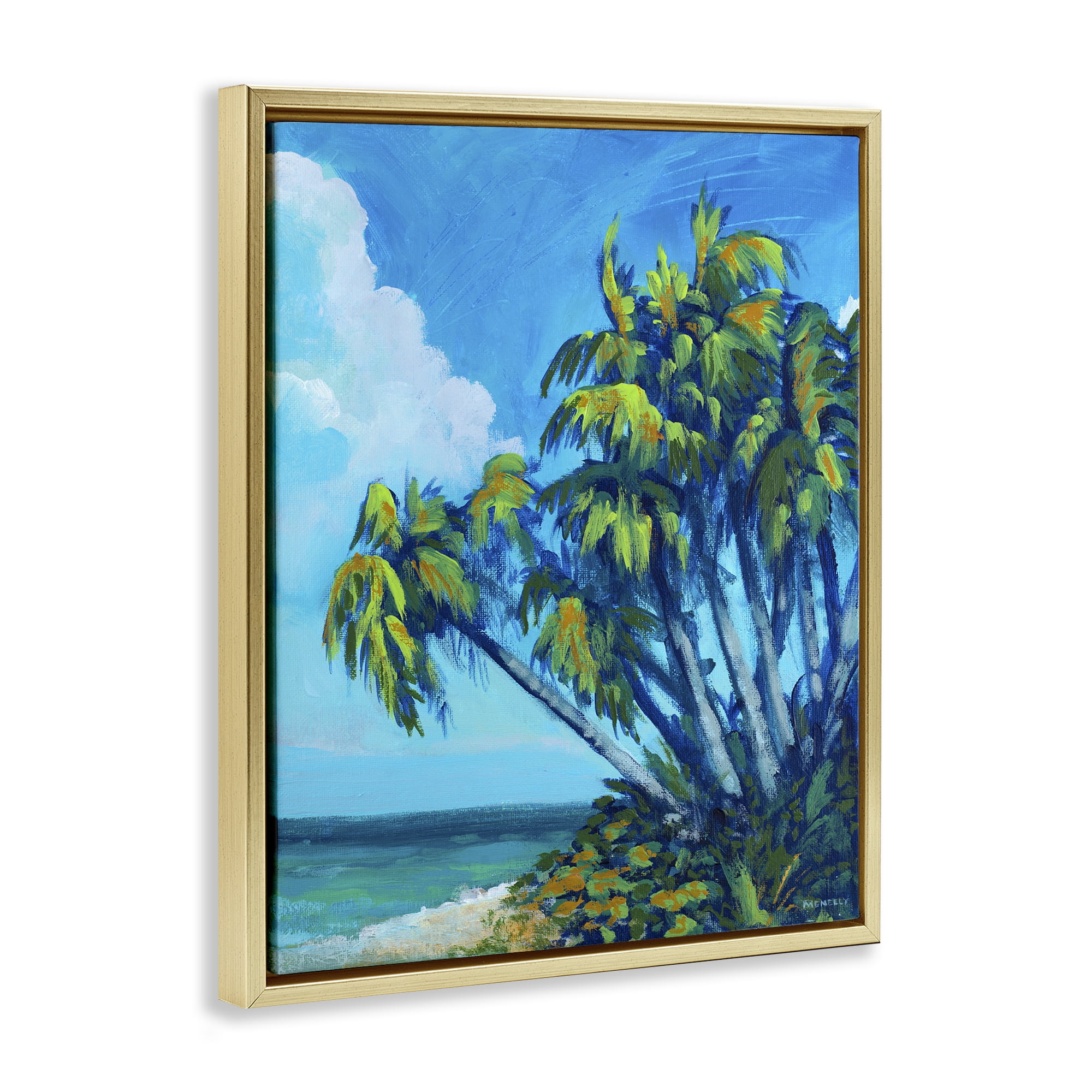 Stupell Industries Cerulean Sky & Palms Gold Framed Floater Canvas Wall Art, design by Dan Meneely