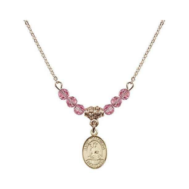 18-Inch Hamilton Gold Plated Necklace with 4mm Rose Pink October Birth  Month Stone Beads and Saint Walburga Charm