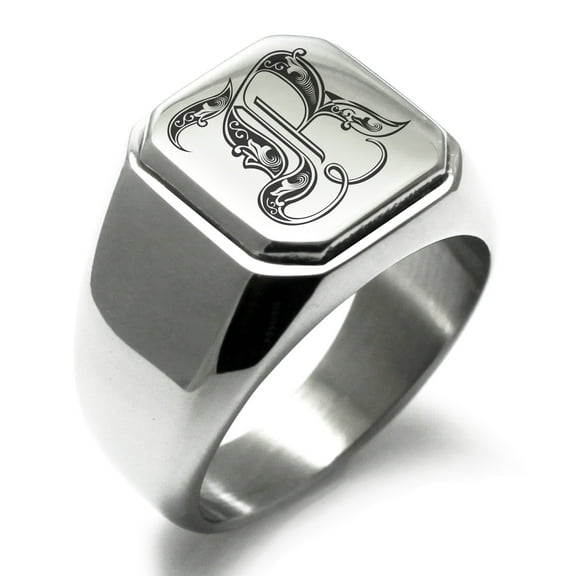 Tioneer Stainless Steel Letter R Initial Royal Monogram Engraved Engraved Square Flat Top Biker Style Polished Signet Ring