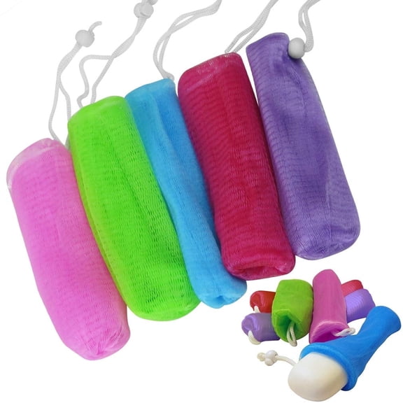 Evelots Exfoliating Mesh Loofah Soap Pouches - 5 Pack - Bath, Shower Body Facial Cleaning Scrubbers - Removes Dead Skin - Hanging Cord - Extend The Life of Your Soap Bars