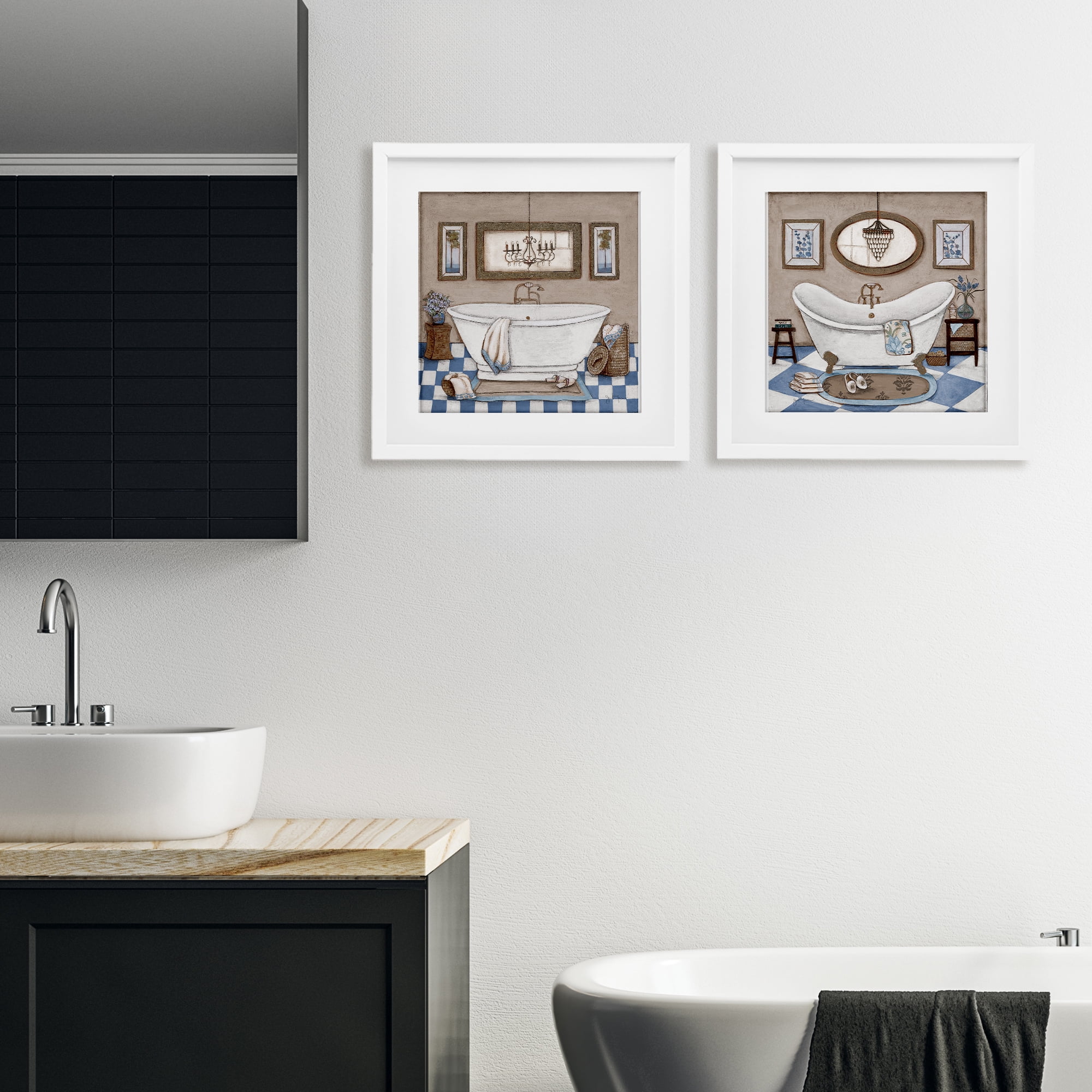 Stupell Industries Tiled Bathroom Views 2 Piece White Framed Print Under Glass Set, design by Janet Tava