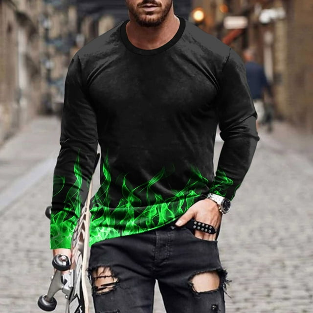 Meichang T-Shirt à Manches Longues pour Homme Coupe Ajustée, T-Shirts Graphiques pour Homme Décontractés à Imprimé Flamme 3D, T-Shirts Amusants à Col Rond Confortables à Manches Longues pour Homme