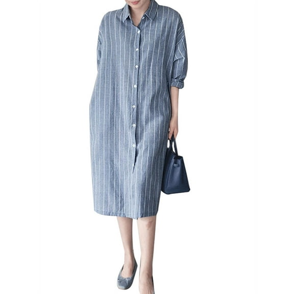 ZANZEA Women Full Sleeve Striped Printed Midi Dress Casual Shirts Dresses