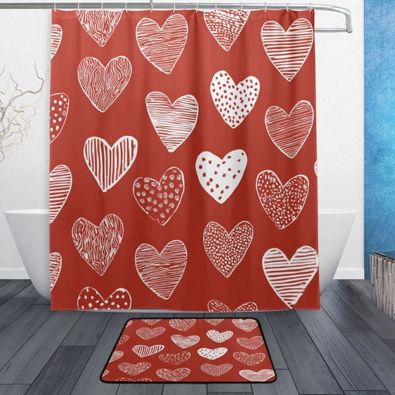 TTYFWHD 60" x 72" Shower Curtain and Bath Mat Set Rustic Red White Hearts Waterproof Bathroom Curtain with 12 Hooks, Bathroom Decor Set