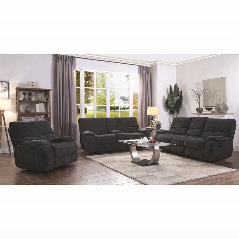 Coaster Perry 3 Piece Chenille Reclining Sofa Set in Navy Blue