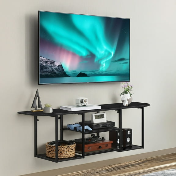Floating TV Stand for 32-50 Inch TVs, Wall-Mounted Media Console with 2-Tier Metal Mesh Shelves, MDF Board Entertainment Center
