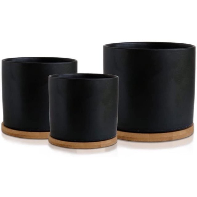 Keramisk Blomkruka Set med Bambusbricka Svart Inomhus Blomkruka Svart Blomkruka Set Keramisk Blomkruka Behållare Utomhus med Underfat (Stor)