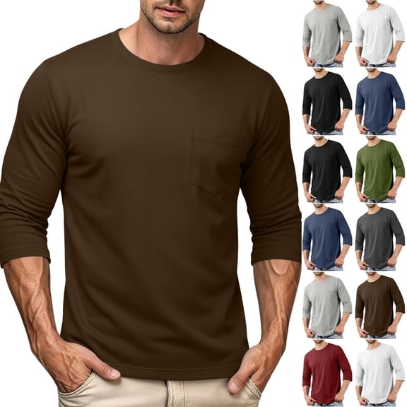 Smsaxvxz Men's 3/4 Sleeve Shirts Lightweight Crew Neck Pocket T-shirts Moisture Wicking Soft Comfort Casual Fall Tops Brown 3XL