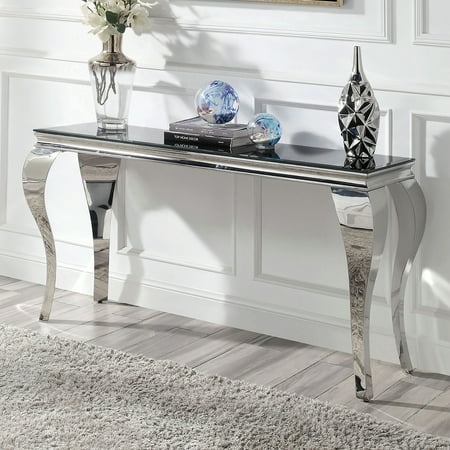Console Table with Black Beveled Tempered Glass Top and Silver Stainless Steel Cabriole-Style Legs, Glam Contemporary Rectangular Sofa Table for Living Room, 55"L x 16"W x 30"H