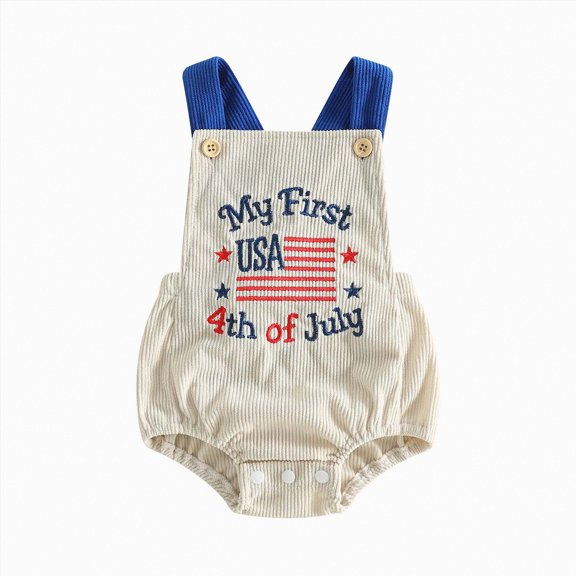 Duqingm Baby Boy Girl 4th of July Outfit Sleeveless Corduroy Overalls USA Flag Embroidery Romper Independence Day Clothes(Beige,12-18 Months)