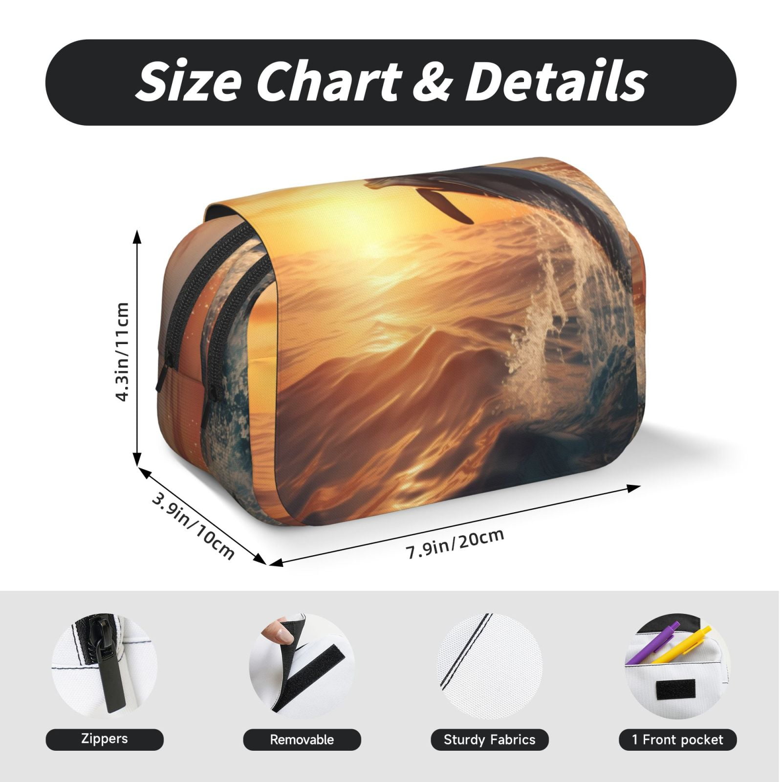 Rateoe Sunset Dancing Dolphin A Pattern Double Clamshell Pen Case, Storage Organizer with Two Zipper Compartments– Holds Up to 50 Pencils & Pens