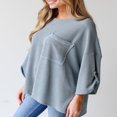 thumbnail image 3 of Women T-shirt Long Sleeve Crew Neck Ribbed Loose Slit Fall Tops, 3 of 5