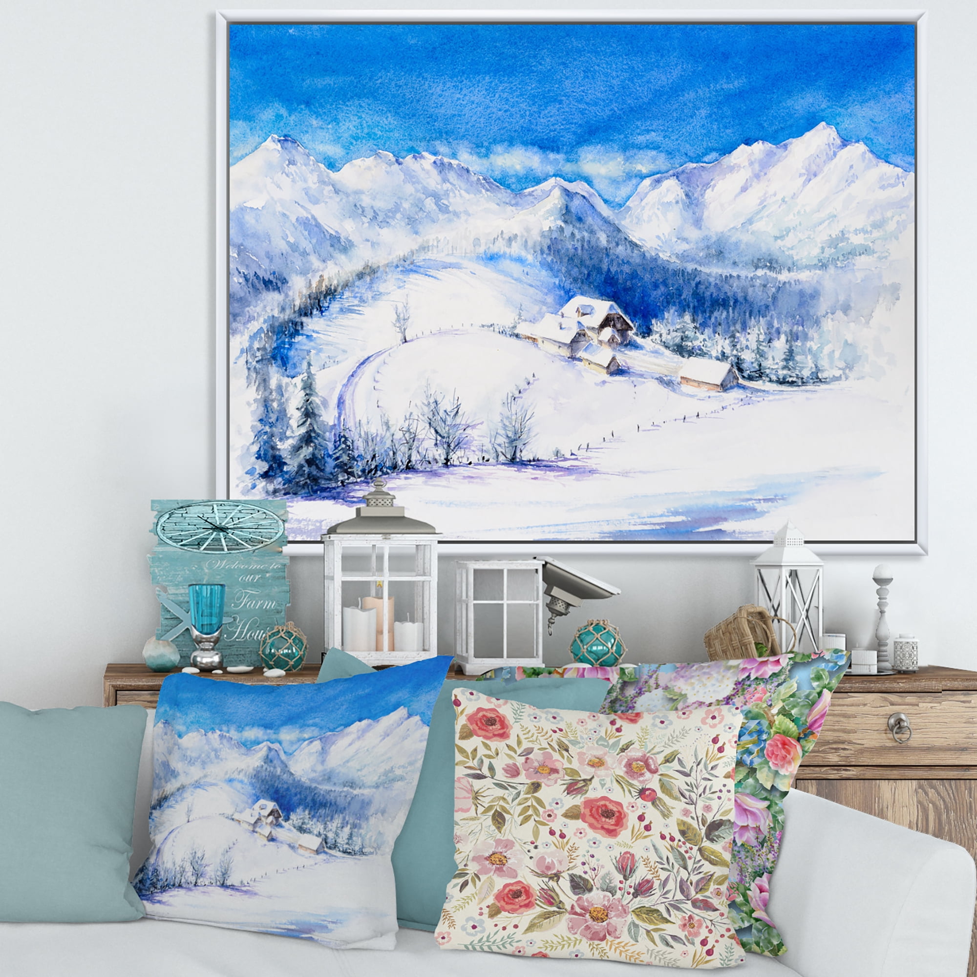 Designart 'Wooden House With Winter Mountain Landscape' Traditional Framed Canvas Wall Art Print