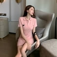 thumbnail image 4 of Tongliya 1 Polyester Short Sleeve Straight Polo Neck Dress Embroidered Skirt 1701 Pink L, 4 of 11