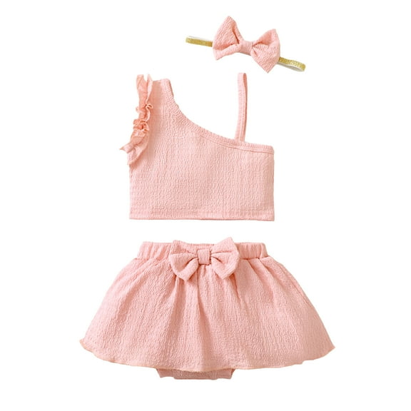 3 Months Baby Girls Clothes 6 Months Girls 3PCS Summer Outfits Set Solid Color Infant Girls Sleeveless One-shoulder Top Shorts Set with Headband Pink