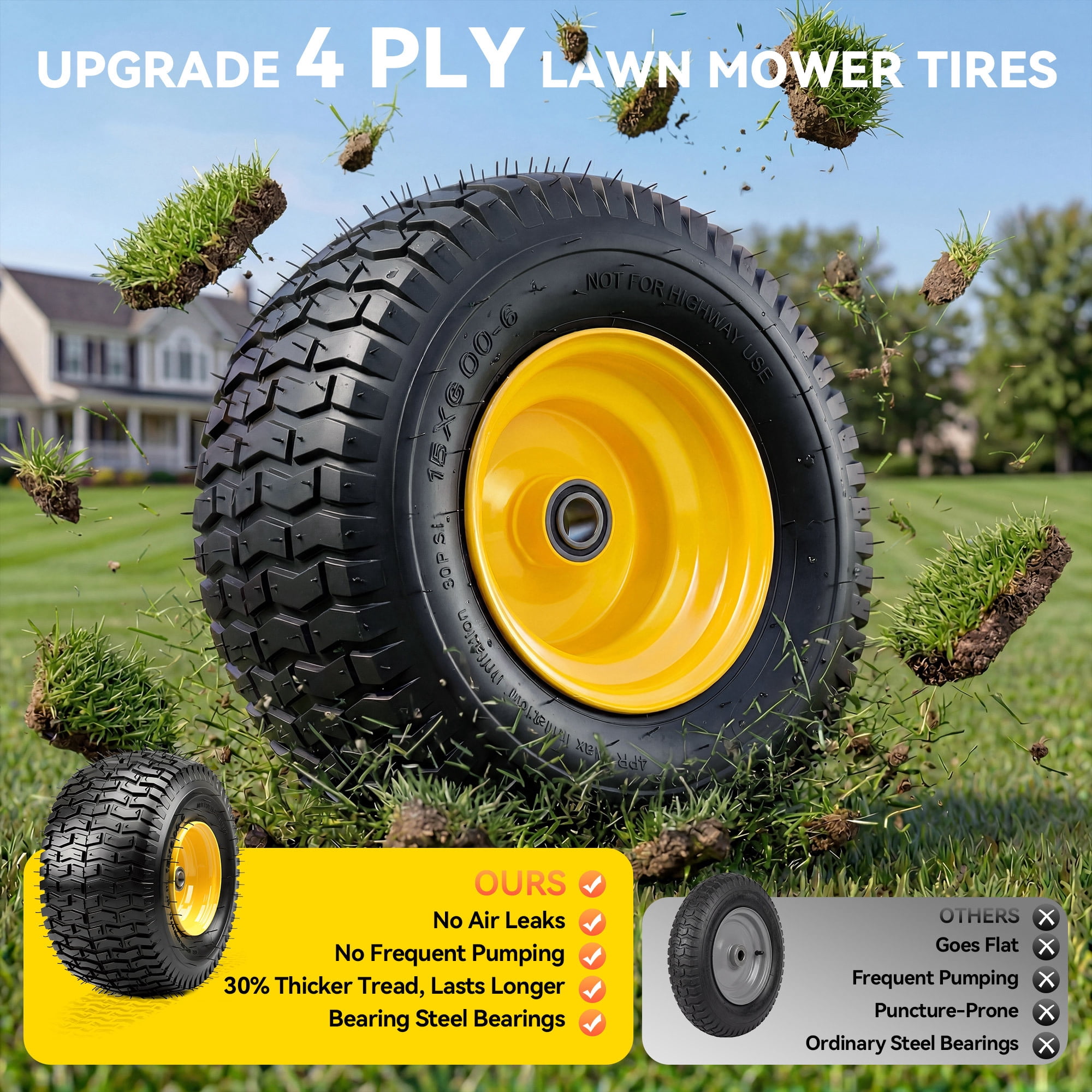 Uforic 15x6.00-6 4 Ply Lawn Mower Tire Wheel Set of 2, 3"Offset Hub 3/4" Bearings 570LBS Load Replacement for John Deere Riding Tractors
