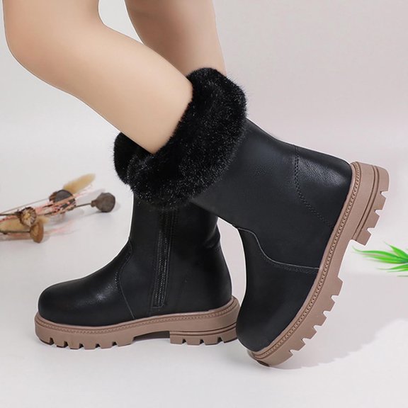 Fuzzy Snow Boot for Girl Winter Fashion Trendy Casual Cute Comfortable Lightweight Thick Thermal Side Zip Up Shoes Mid Calf Chunky Bottom PU Leather Little Kids Boots