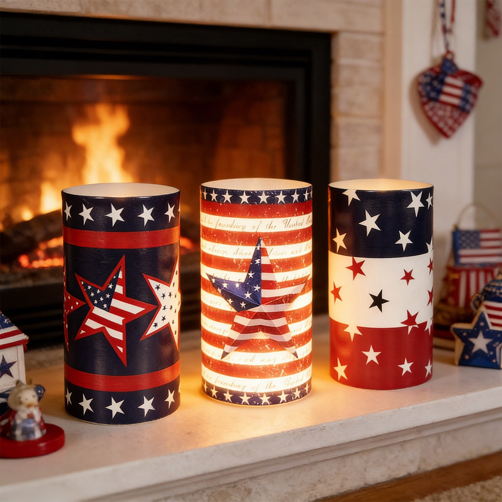 geerera 3Pcs 4th of July Patriotic LED Flameless Candles with Remote, USA Flag Electronic Candle Lights Set for Independence Day, Memorial Day & Patriotic Events Decor