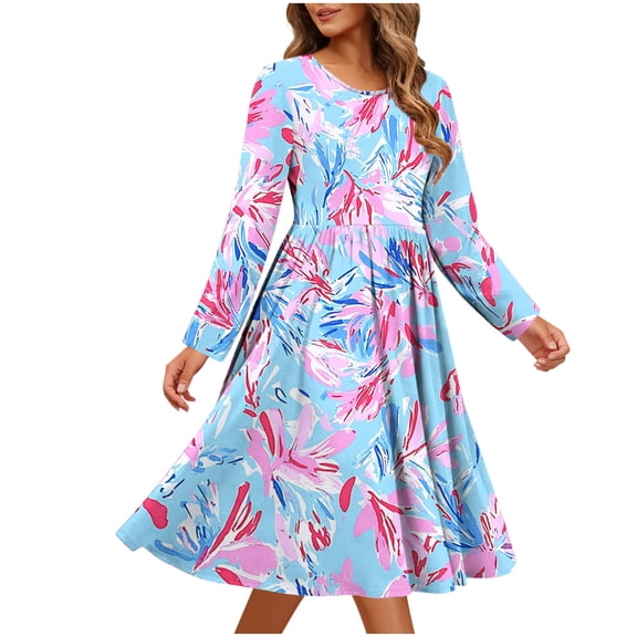 qucoqpe Women's Long Sleeve A-Line Dress Fashion Floral Print Loose Fit Crew Neck Pleated Floey Midi Shift Dresses