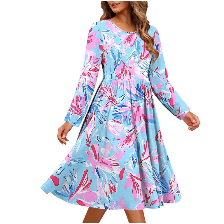 Bltiby Womens High Waist A-Line Casual Dress, Long Sleeve Crewneck Fashion Print Pleated Dresses Loose Comfy Clothes with Pockets Sky Blue S, Women's, Bltiby Womens High Waist A-Line Casual Dress, Long Sleeve Crewneck Fashion Print Pleated Dresses Loose Comfy Clothes with Pockets Sky Blue S, Women's,