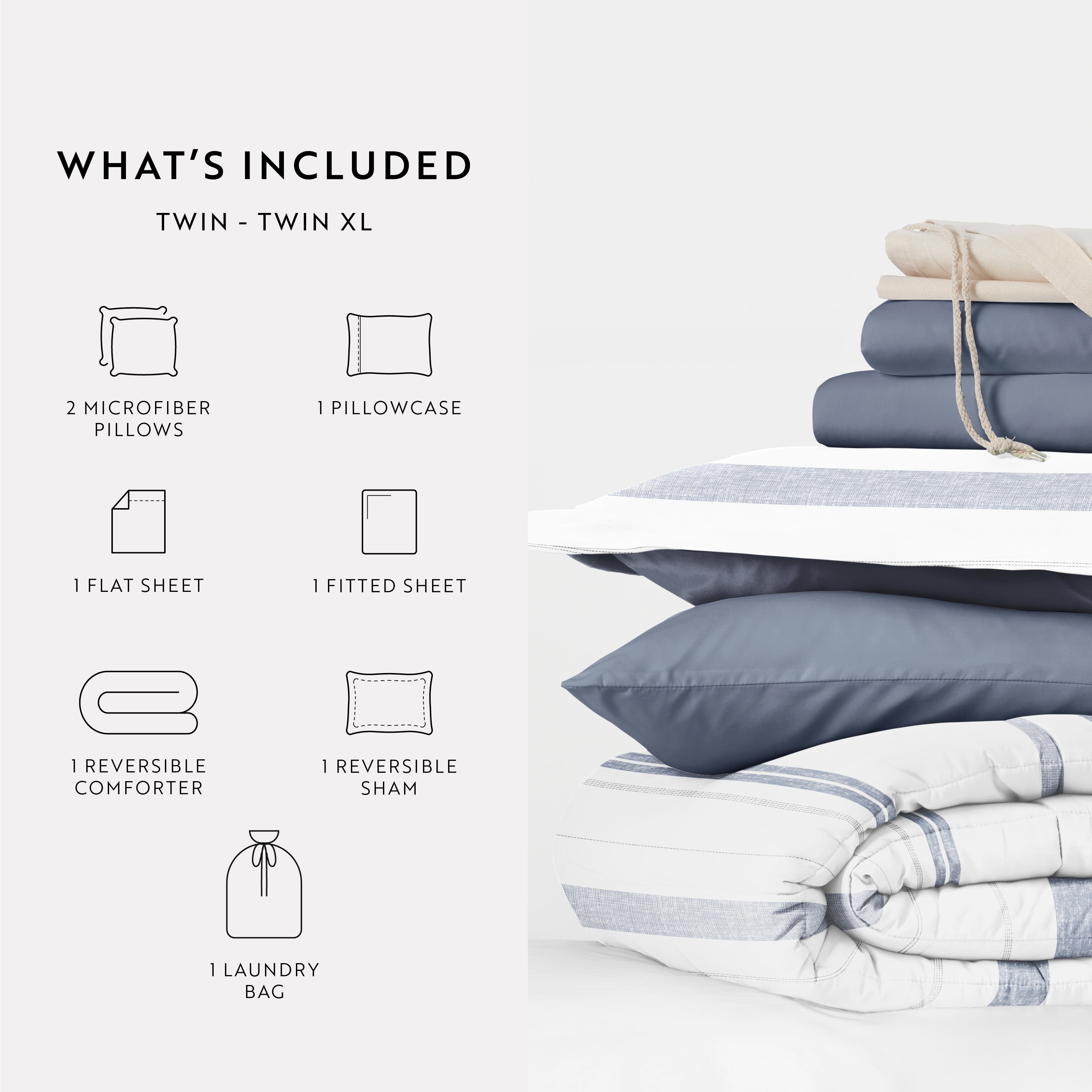 Noble Linens 8 Piece Dorm Bedding Bundle, Comforter & Sheet Set, Pillows, Laundry Bag