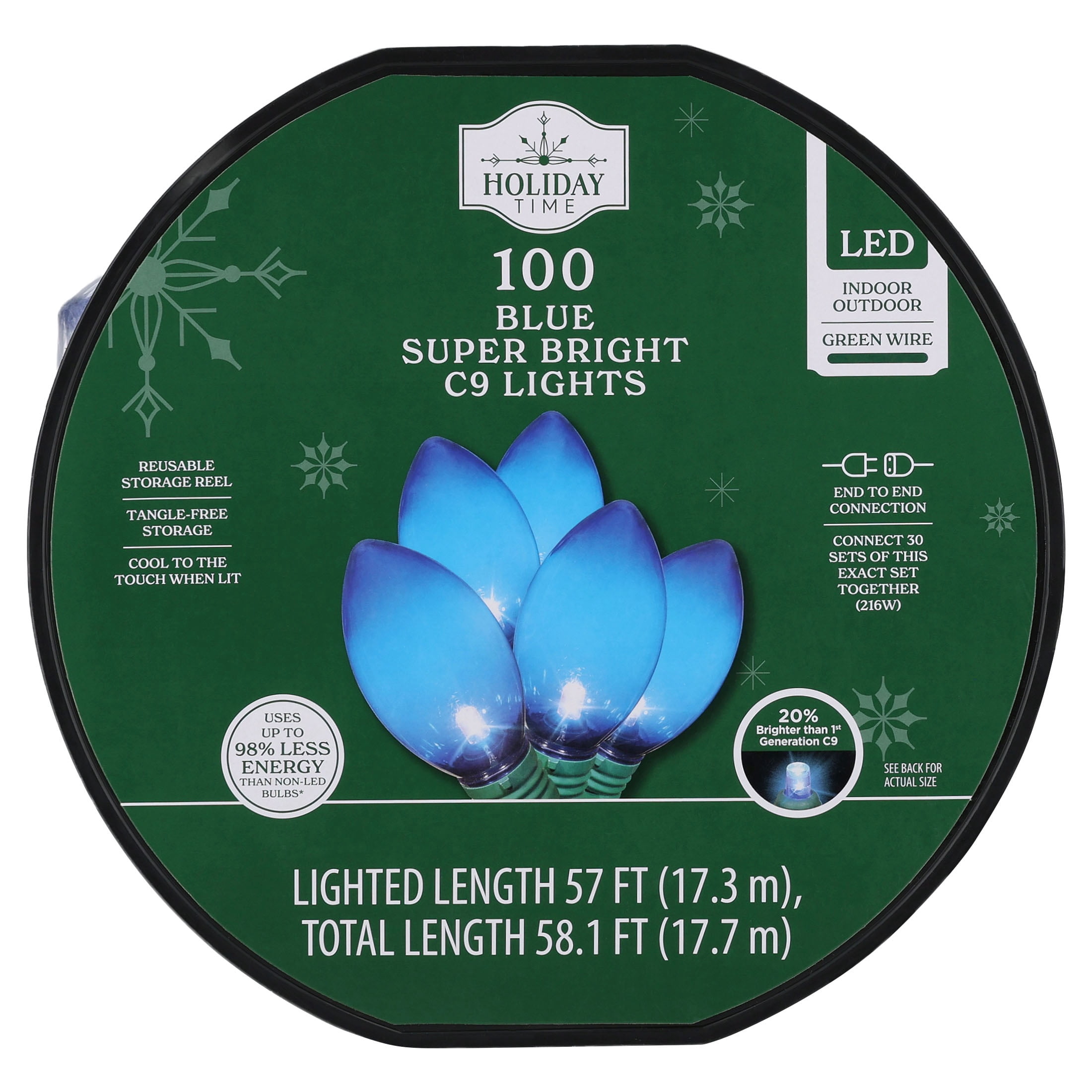 Indoor/Outdoor 100-Count LED Smooth C9 Christmas String Lights, Blue, Green Wire, 57', by Holiday Time