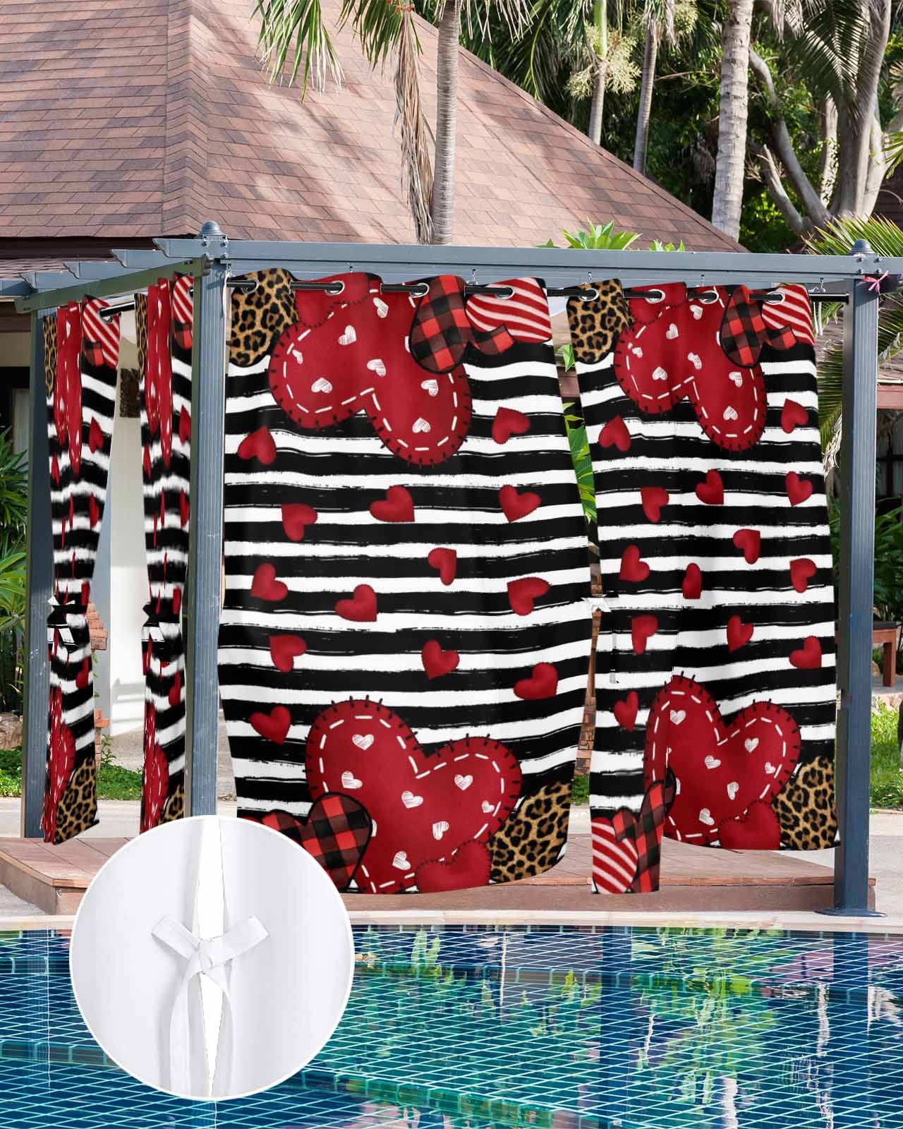 Valentine's Day Outdoor Curtains for Patio, Red Love Heart Leopard Spot Black Stripes Privacy Drapes Grommet Waterproof Outside Curtains for Porch/Cabana/Balcony 54"x 108", 1 Panel