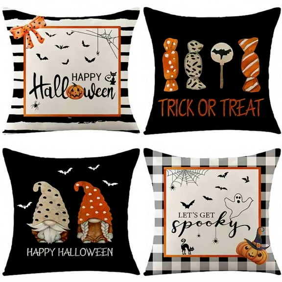Fall Happy Halloween Throw Pillow Covers 18x18 Set of 4, Hocus Pocus Pumpkin Gnome Trick Or Treat Buffalo Plaid Spooky Holiday Pillow Case Farmhouse Decor for Home Sofa