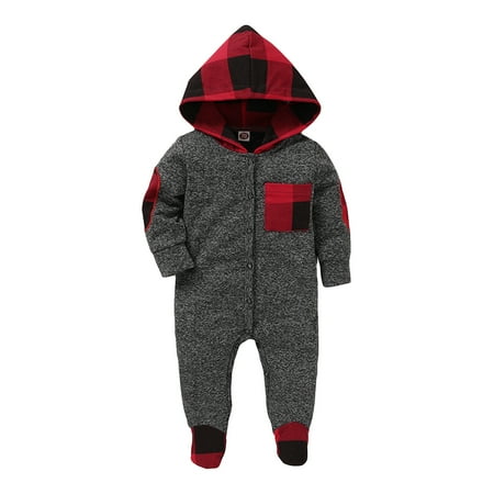 

OLLUISNEO Newborn Baby Boys Romper Winter Romper Single-row Buttons Lattice Hooded Long Sleeve One-piece Jumpsuit 0-3 Months Gray
