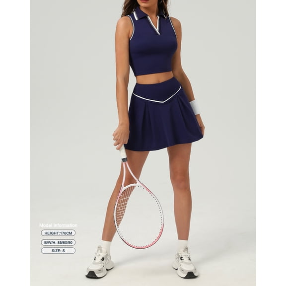 PISONIC 2 Piece Tennis Dress for Women Pleated Tennis Skirt Sleeveless Racerback Padded Crop Top Golf Workout Outfits