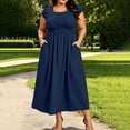 thumbnail image 2 of Busydd Plus Size Fall Dresses for Women Oversized Smocked Bust Round Neck Maxi Dress Casual Short Sleeve Solid Color Fall Dress with Pockets L, 2 of 10