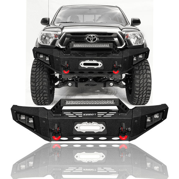 TIOYAR Steel Front Bumper for 2005-2006-2007-2008-2009-2010-2011-2012-2013-2014-2015 Toyota Tacoma With Winch Plate&Lights&D-Rings (Black Texture)