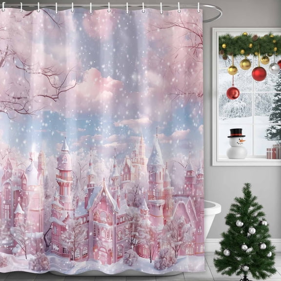 Christmas Shower Curtains for Bathroom, Winter Snow Scene Pink Town Branches Dreamy Waterproof Fabric Shower Curtain for Bathroom Bathtub Decoration, Machine Washable, 60"x72"