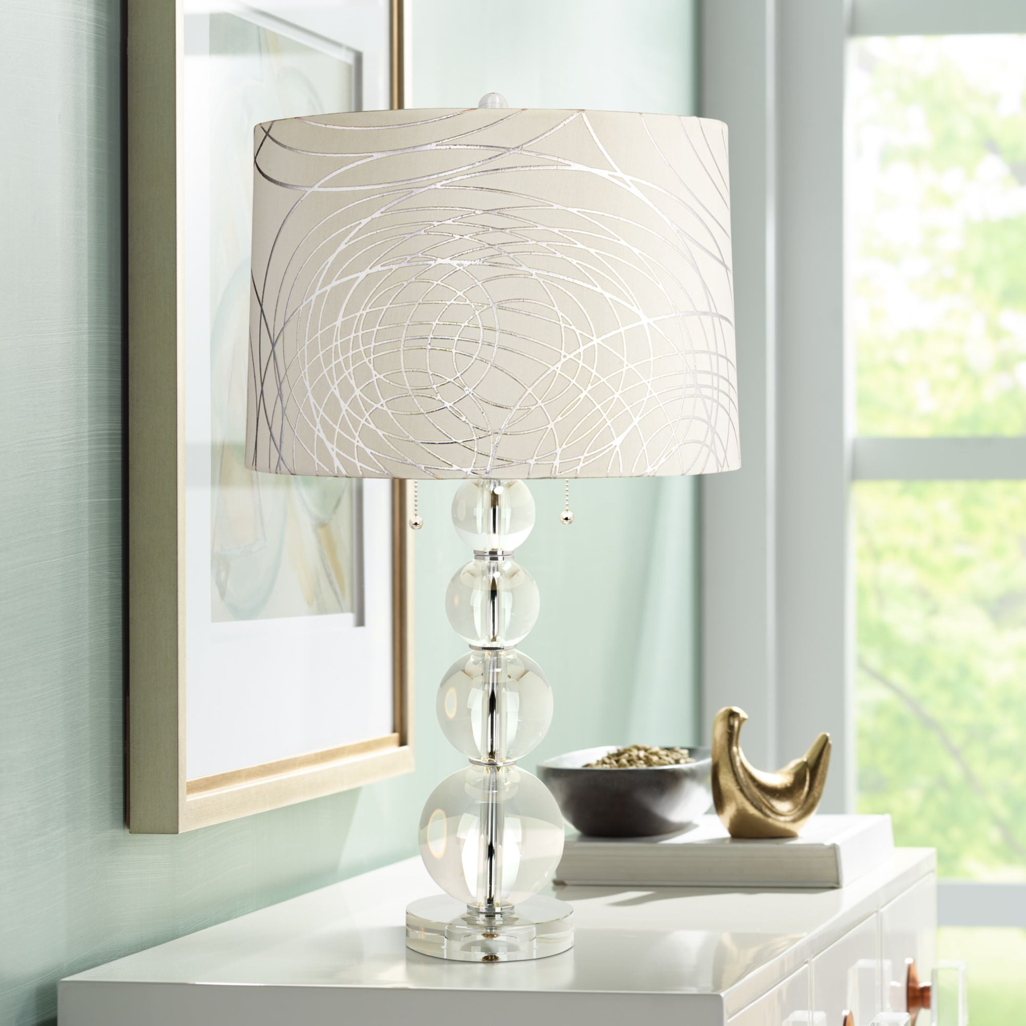 Vienna Full Spectrum Modern Table Lamp Clear Crystal Stacked Spheres Off White Drum Shade For Living Room Family Bedroom Bedside