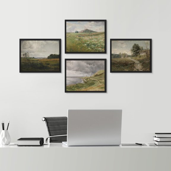 PixonSign Framed Wall Art Classic Rural Countryside Flower Landscapes Prints, Set of 4 Nature Wilderness Paintings, Minimalism Wall Décor, Adhesive Canvas Poster for Home Decor - 11"x14" Black