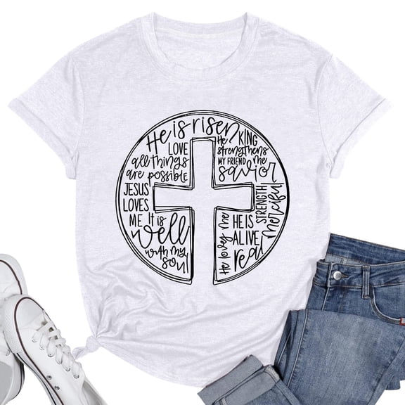 YUEHUA Easter Shirts for Women He is Risen T-Shirt Christian Easter Short Sleeve Easter Gift Bible Verse Tee Tops